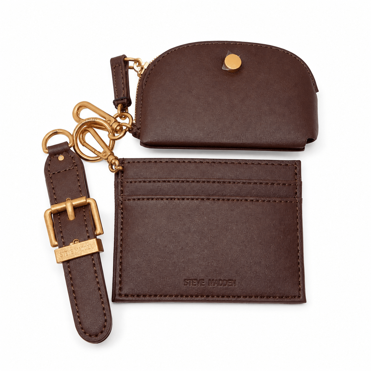 Set Steve Madden 3 en 1 café con tarjetero monedero y llavero
