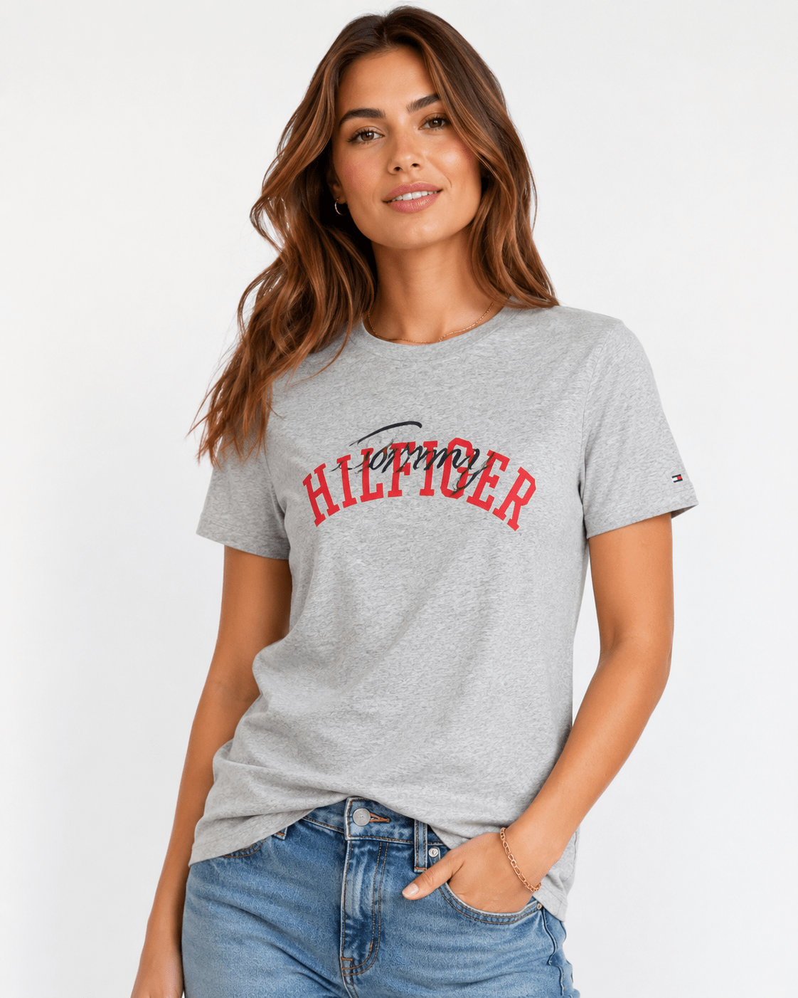 Polera Tommy Hilfiger Mujer Gris con Logo Frontal 🩶 | Baby Helena Shop