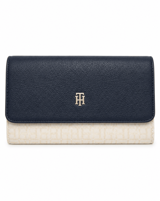 Billetera Tommy Hilfiger Monogram azul marino y crema
