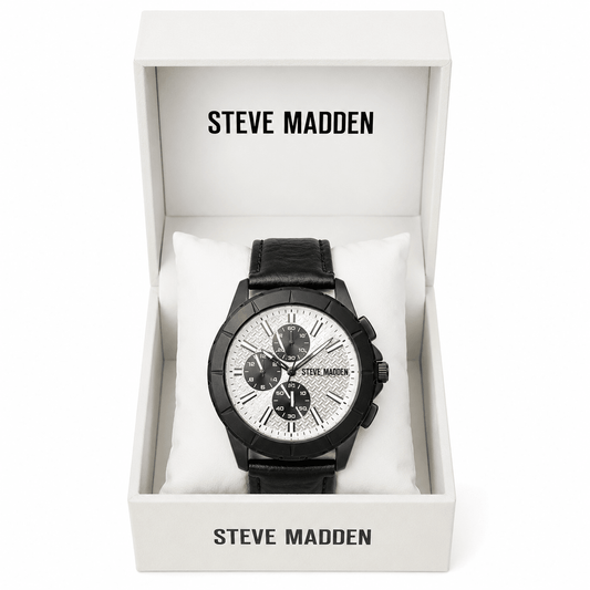 Reloj Steve Madden para hombre negro con esfera plateada