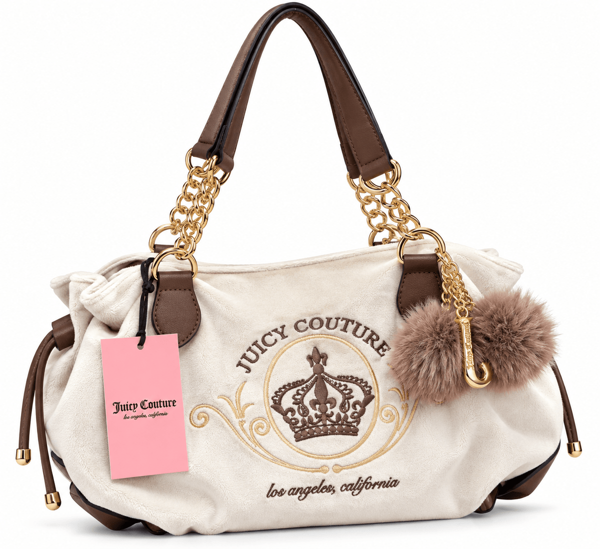 Shoulder Bag Juicy Couture Ivory con Cadenas Doradas y Pompones 🤎 | Baby Helena Shop