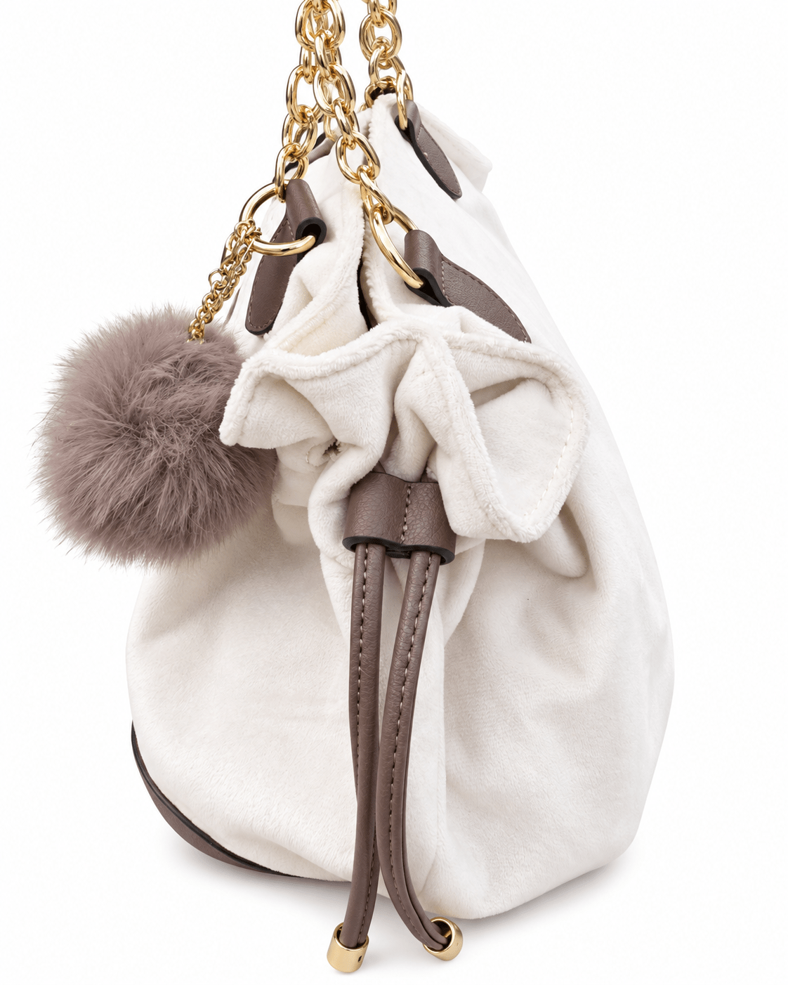 Shoulder Bag Juicy Couture Ivory con Cadenas Doradas y Pompones 🤎 | Baby Helena Shop