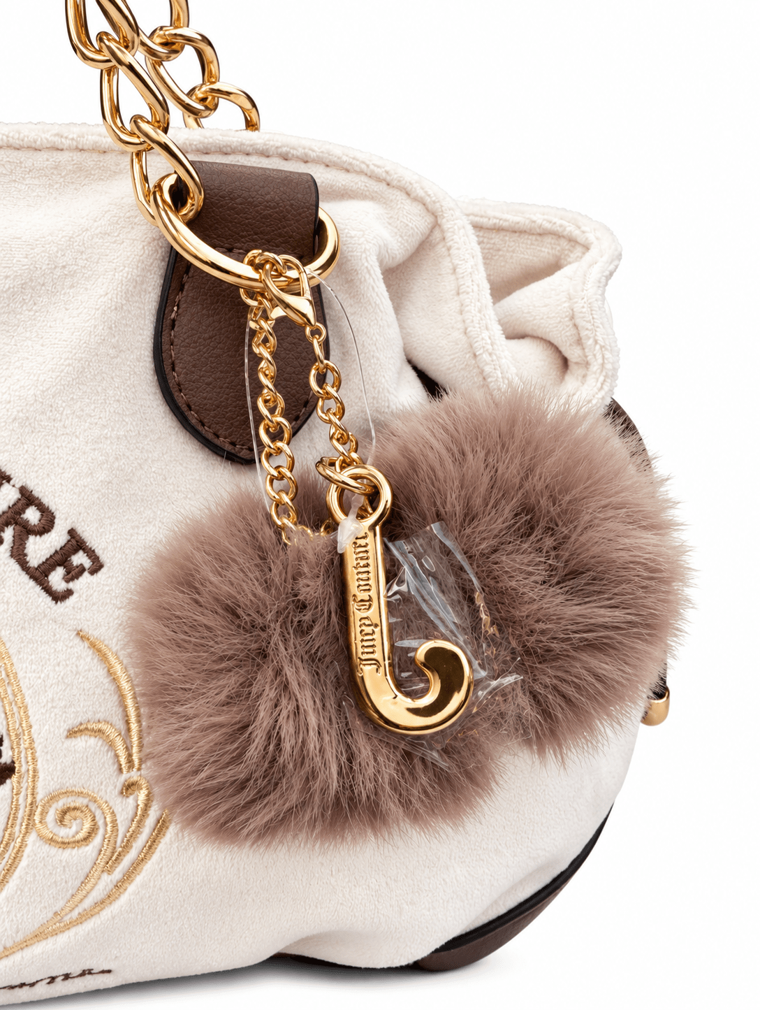 Shoulder Bag Juicy Couture Ivory con Cadenas Doradas y Pompones 🤎 | Baby Helena Shop